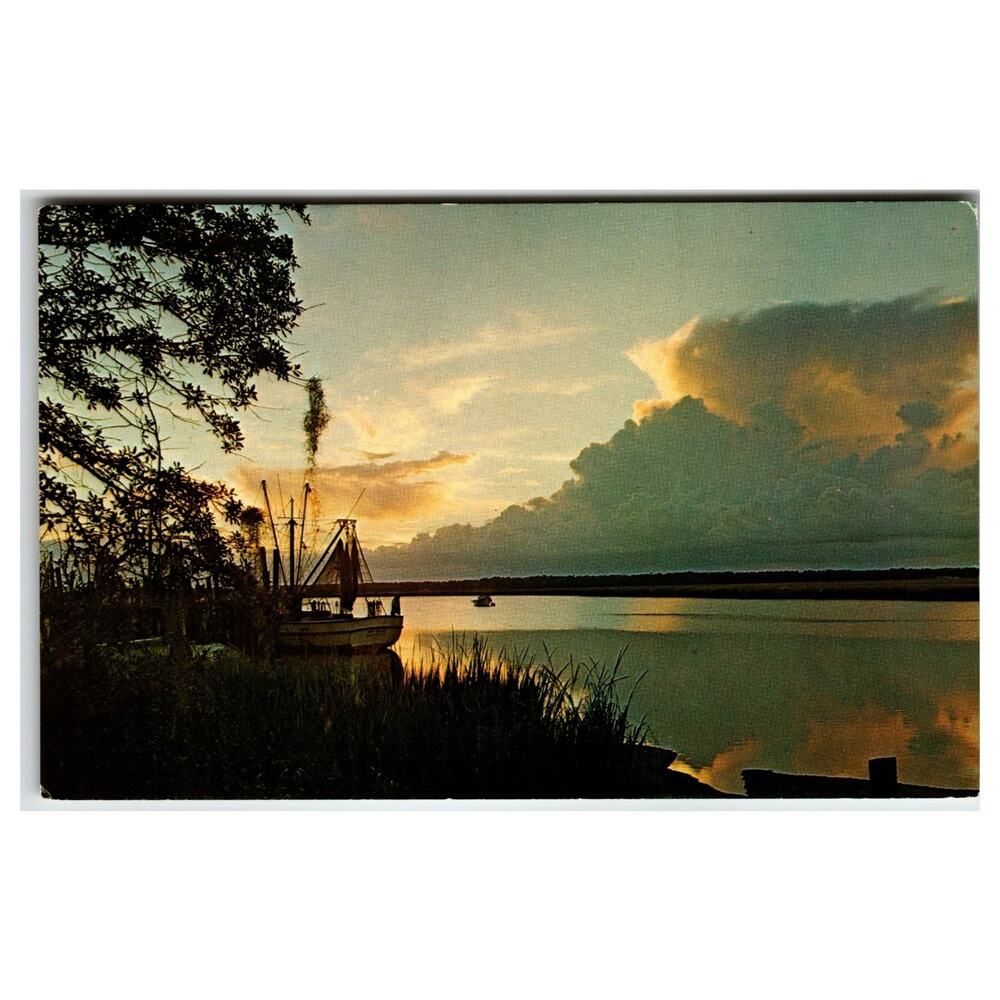 Vintage Shrimp Boats at Sunset Postcard - Ernest Ferguson Photo